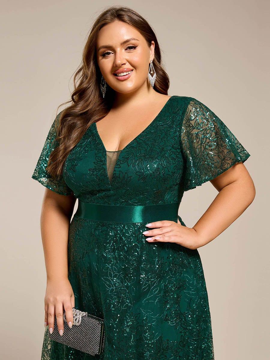 Dream Plus Size A-Line Sequin V-Neck Maxi Formal Dress with Sash