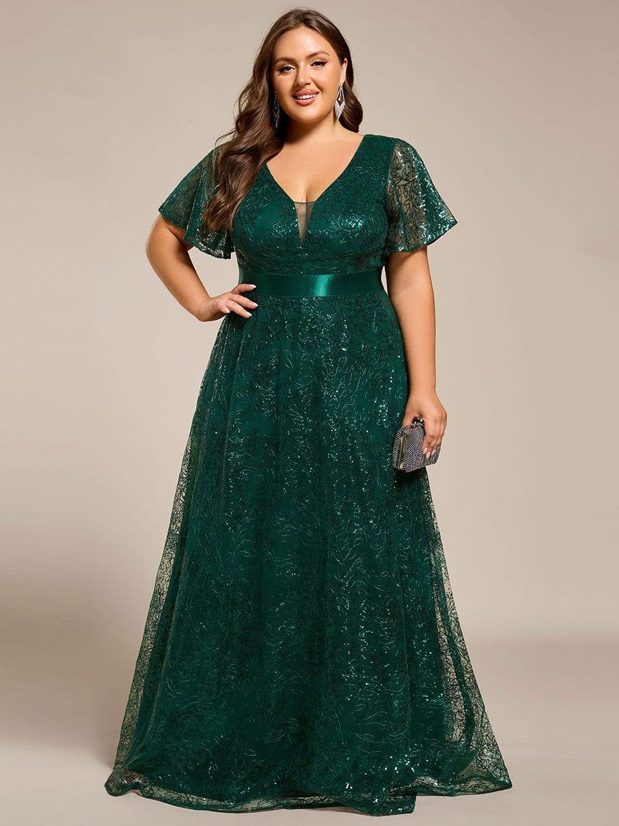 Dream Plus Size A-Line Sequin V-Neck Maxi Formal Dress with Sash