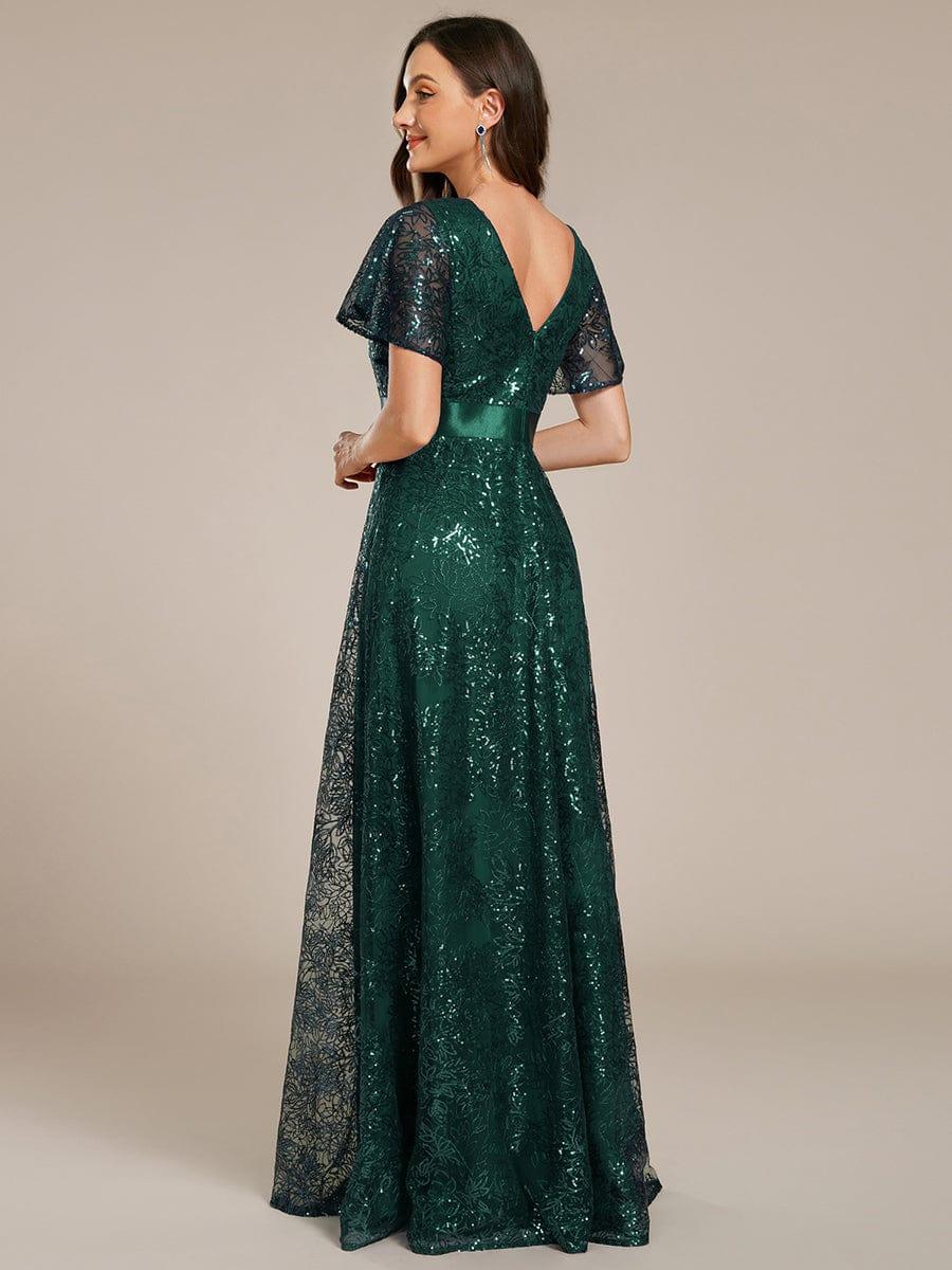 Lovely A-Line V-Neck Sequin Formal Maxi Dress with Short Sleeves