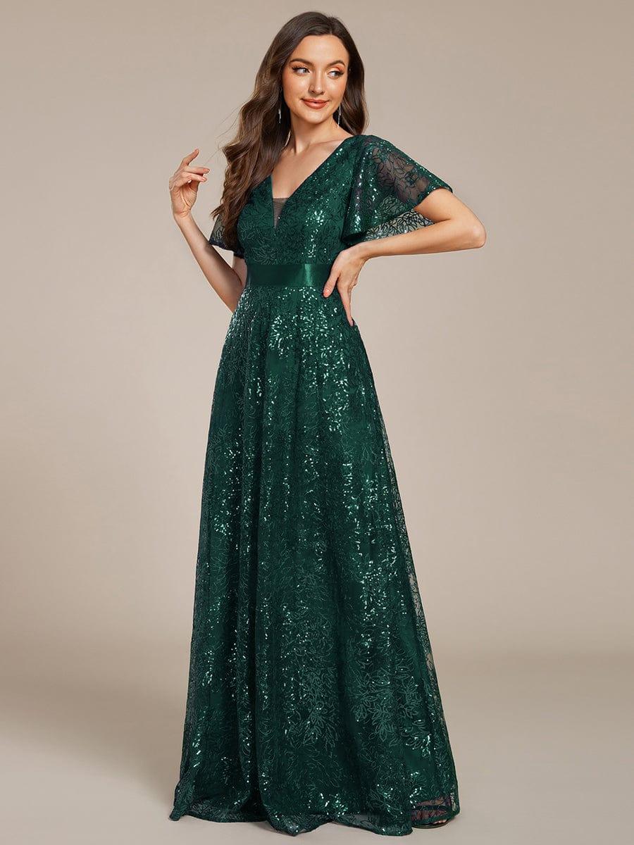 Lovely A-Line V-Neck Sequin Formal Maxi Dress with Short Sleeves