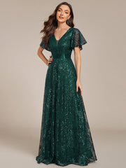 Lovely A-Line V-Neck Sequin Formal Maxi Dress with Short Sleeves