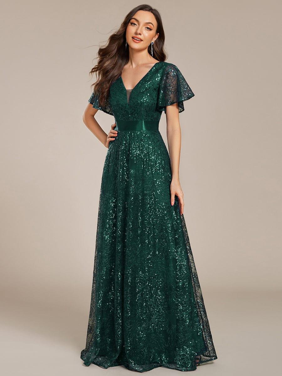Lovely A-Line V-Neck Sequin Formal Maxi Dress with Short Sleeves