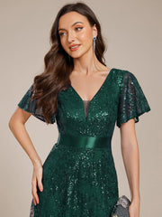 Lovely A-Line V-Neck Sequin Formal Maxi Dress with Short Sleeves