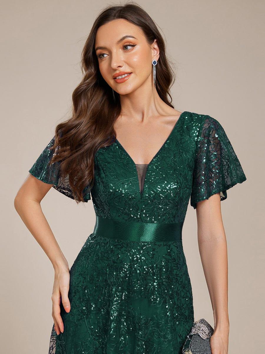 Lovely A-Line V-Neck Sequin Formal Maxi Dress with Short Sleeves