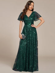 Lovely A-Line V-Neck Sequin Formal Maxi Dress with Short Sleeves
