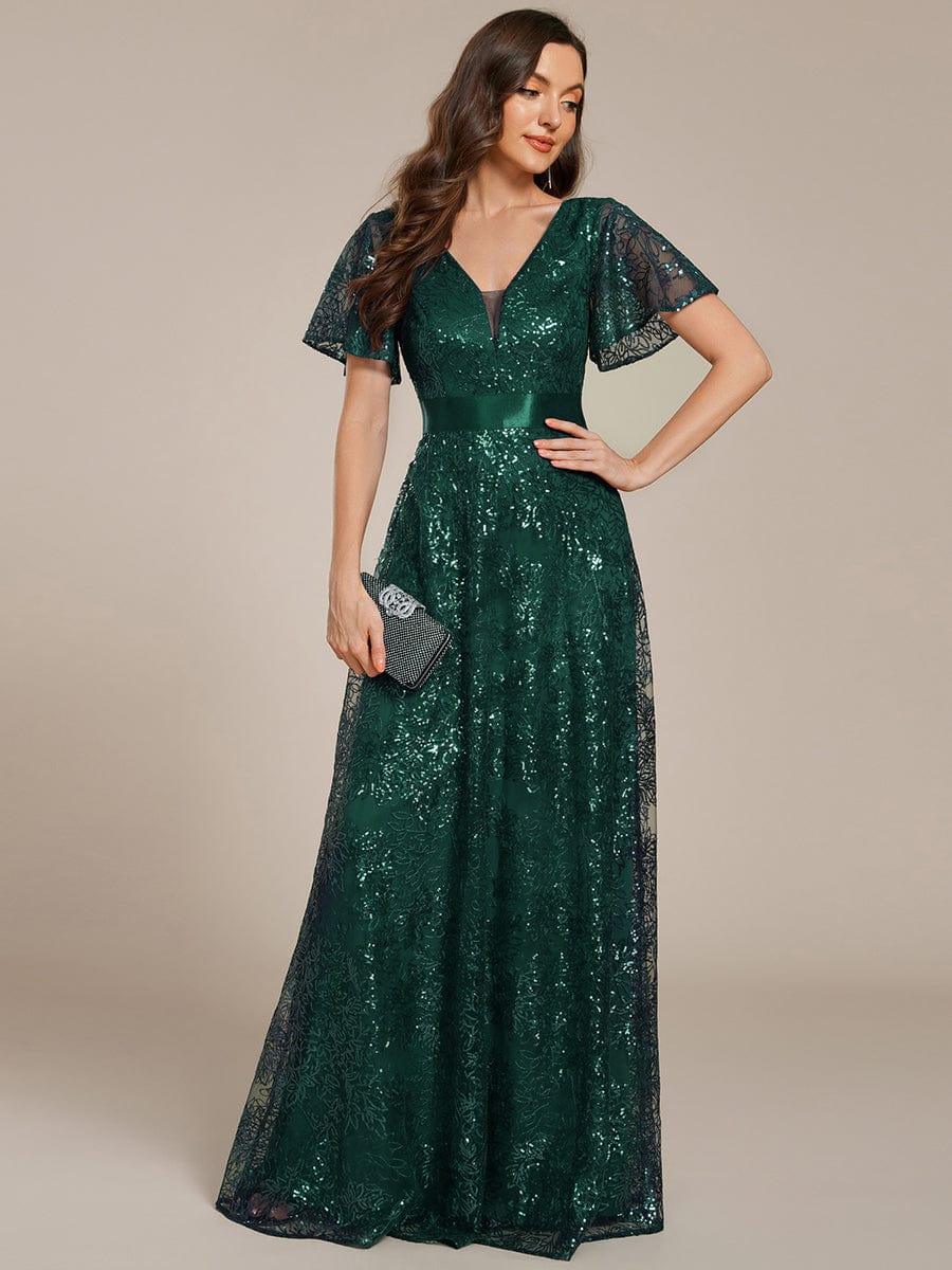Lovely A-Line V-Neck Sequin Formal Maxi Dress with Short Sleeves