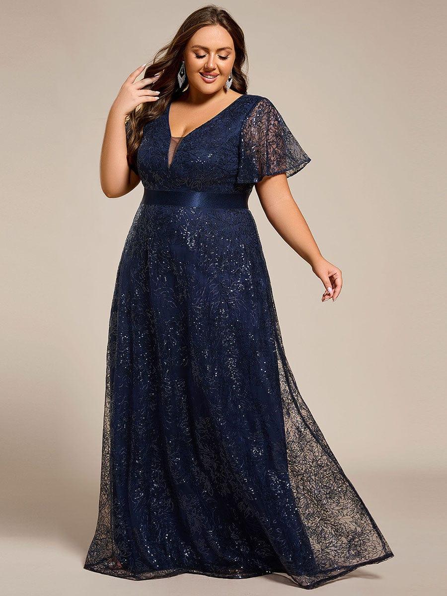 Lovely A-Line V-Neck Sequin Formal Maxi Dress with Short Sleeves