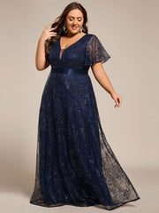 Dream Plus Size A-Line Sequin V-Neck Maxi Formal Dress with Sash