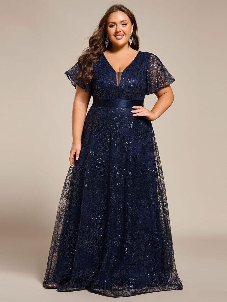 Dream Plus Size A-Line Sequin V-Neck Maxi Formal Dress with Sash