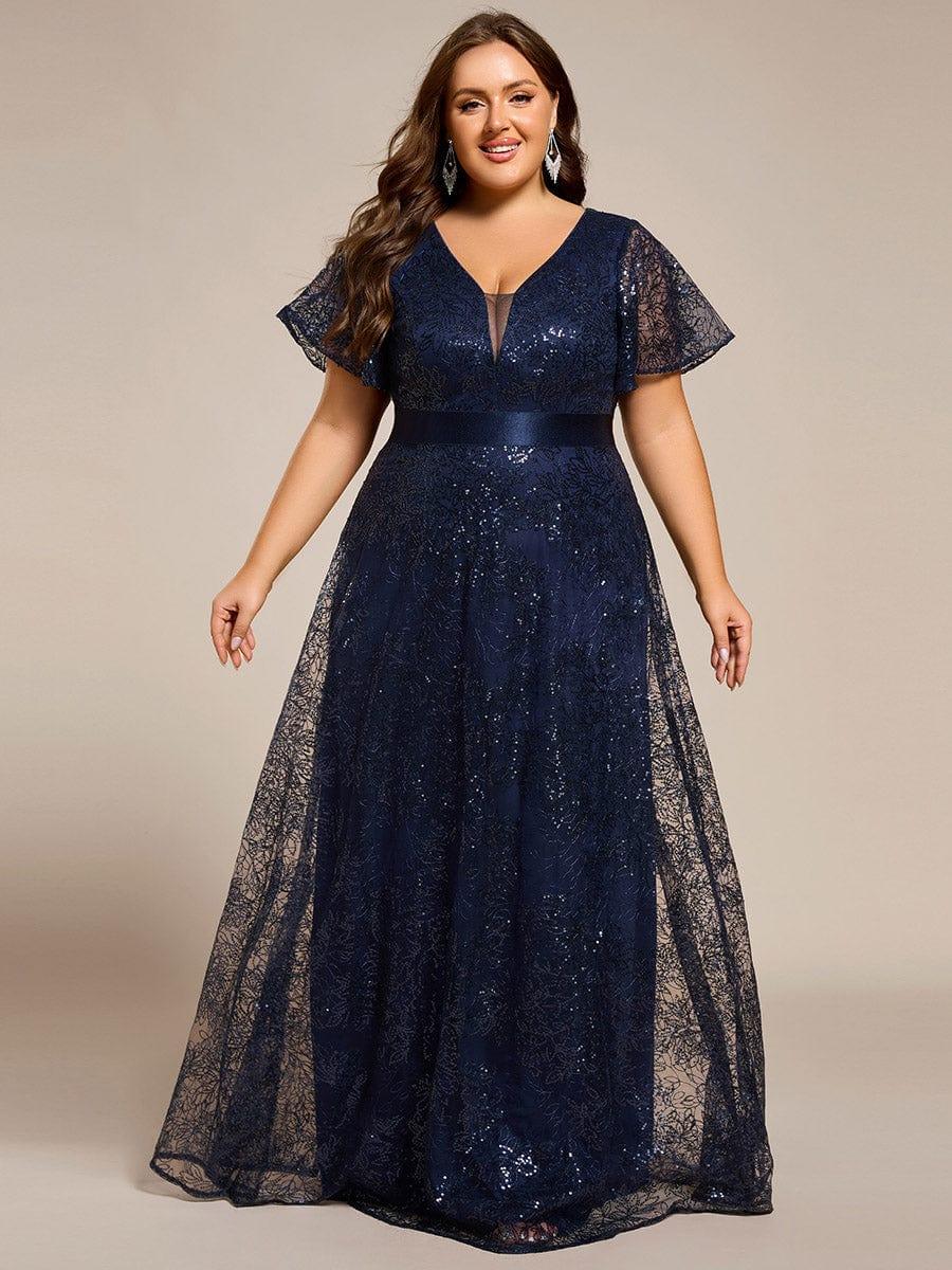 Dream Plus Size A-Line Sequin V-Neck Maxi Formal Dress with Sash