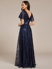 Lovely A-Line V-Neck Sequin Formal Maxi Dress with Short Sleeves
