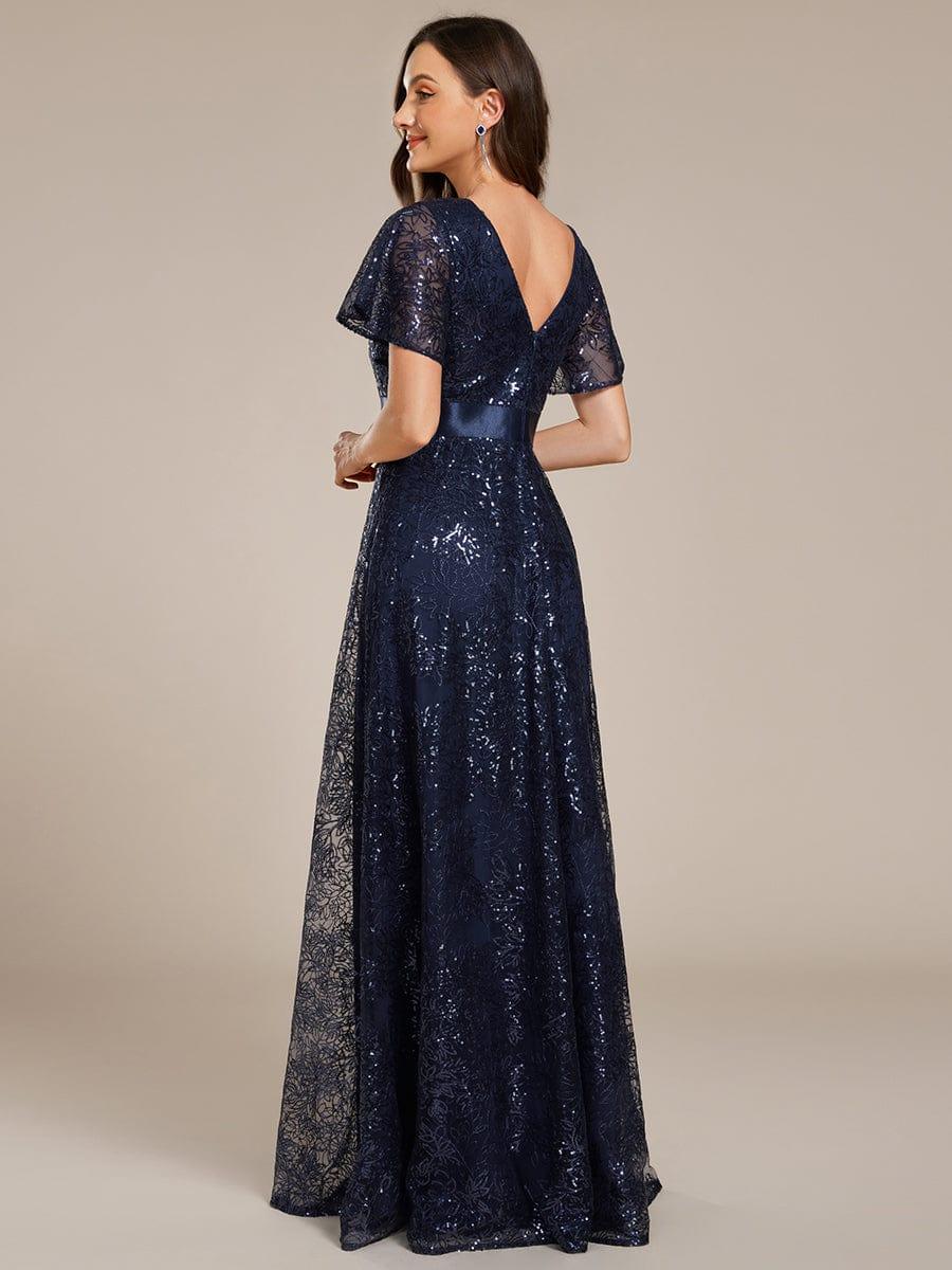 Lovely A-Line V-Neck Sequin Formal Maxi Dress with Short Sleeves