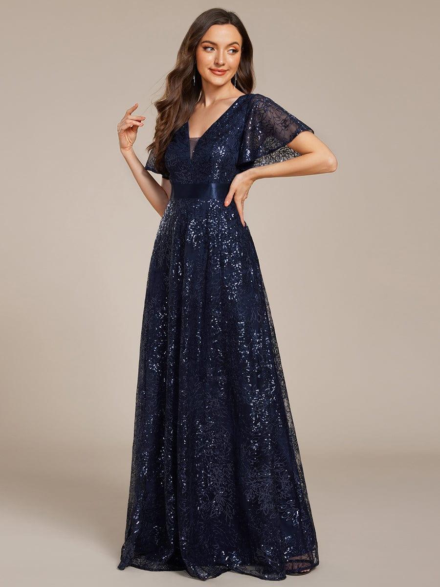 Lovely A-Line V-Neck Sequin Formal Maxi Dress with Short Sleeves