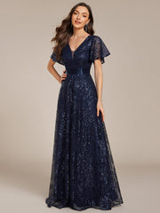 Lovely A-Line V-Neck Sequin Formal Maxi Dress with Short Sleeves