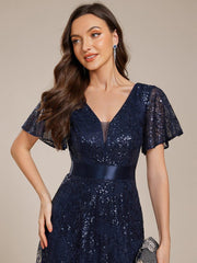 Lovely A-Line V-Neck Sequin Formal Maxi Dress with Short Sleeves