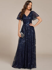Lovely A-Line V-Neck Sequin Formal Maxi Dress with Short Sleeves