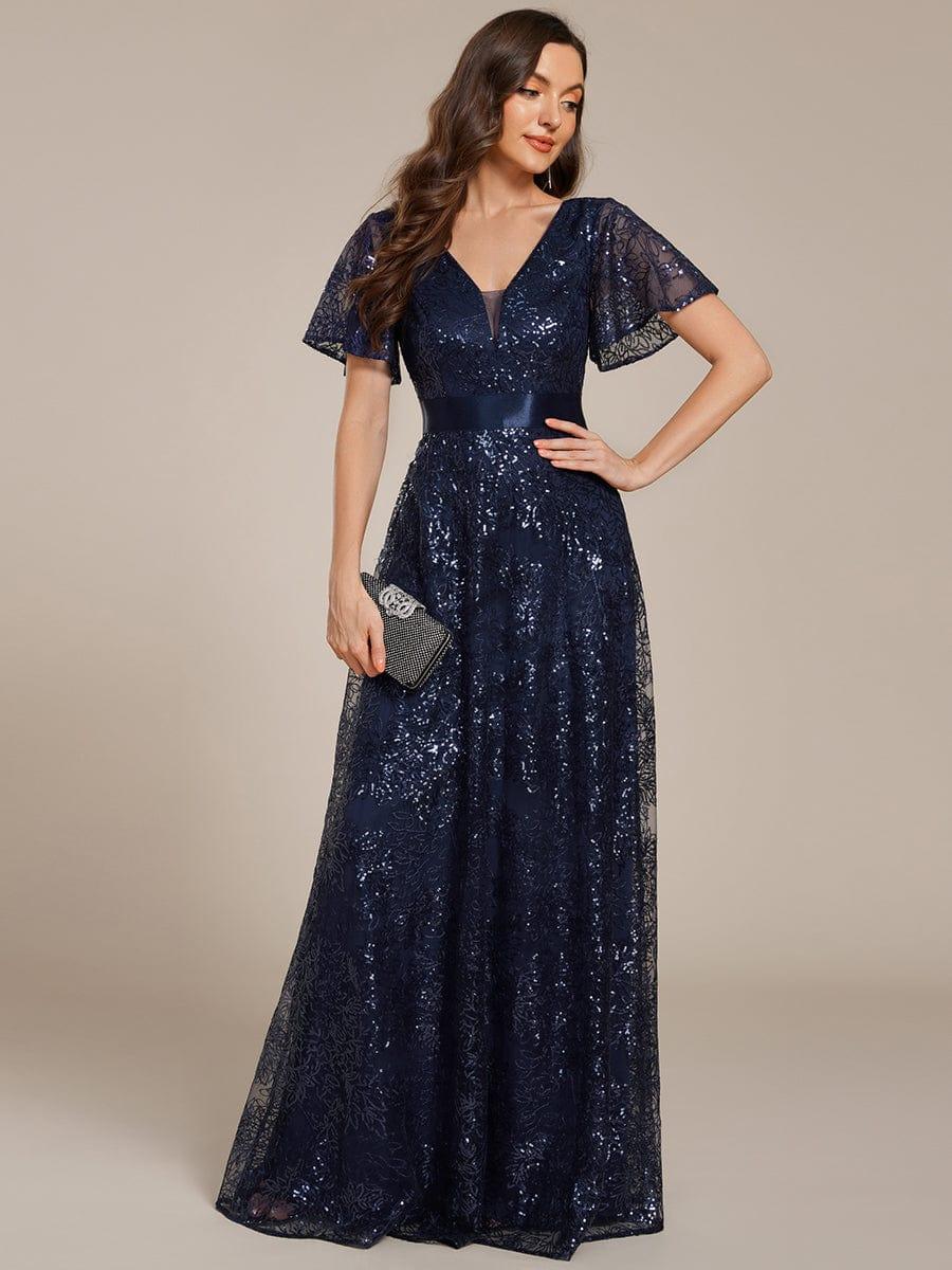 Lovely A-Line V-Neck Sequin Formal Maxi Dress with Short Sleeves