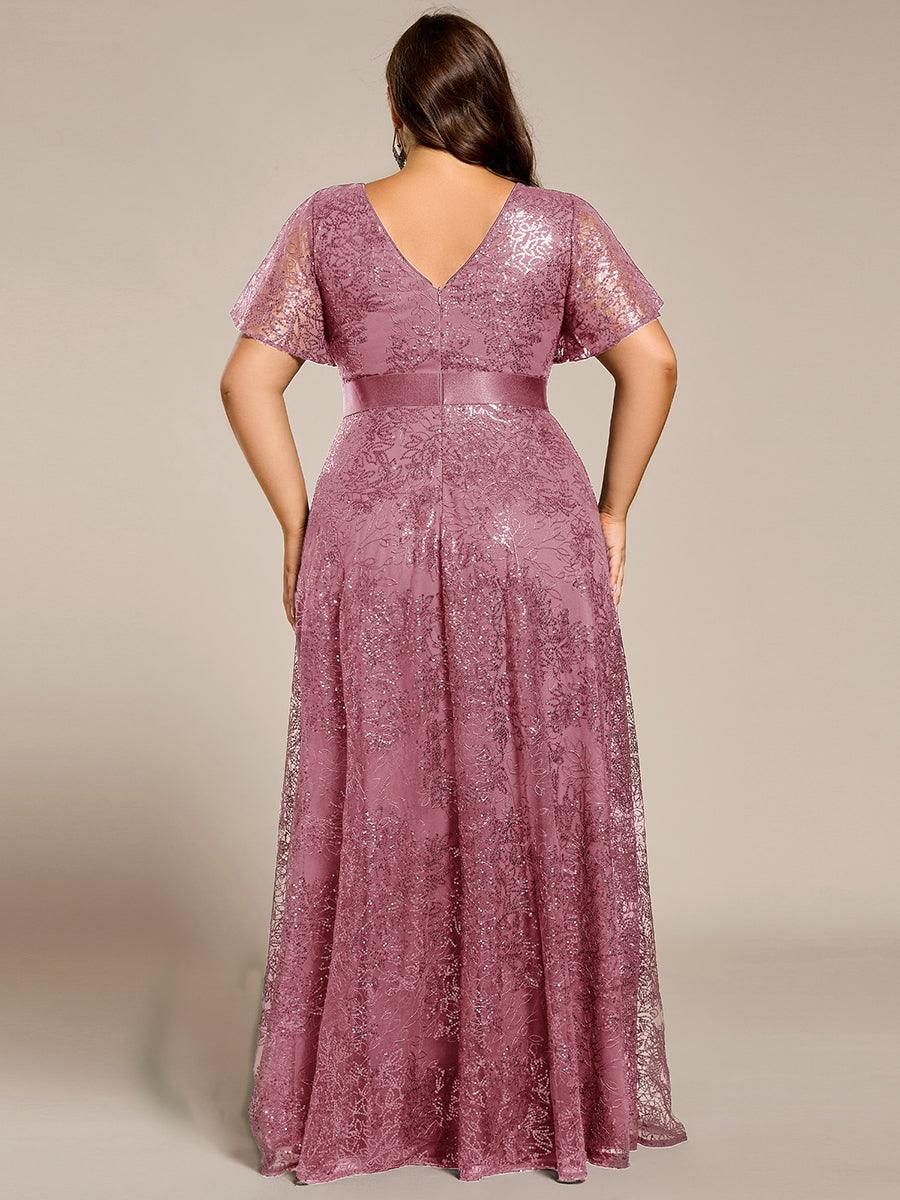 Lovely A-Line V-Neck Sequin Formal Maxi Dress with Short Sleeves