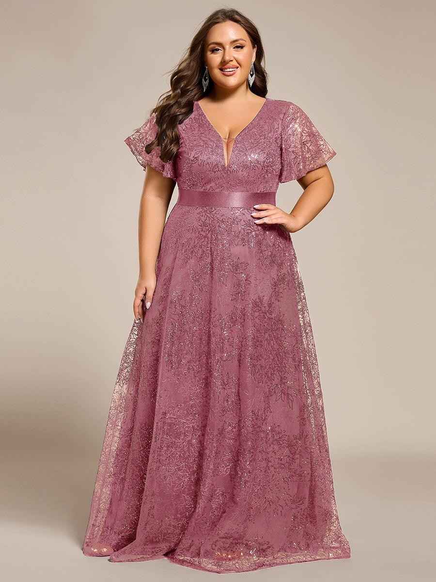 Dream Plus Size A-Line Sequin V-Neck Maxi Formal Dress with Sash