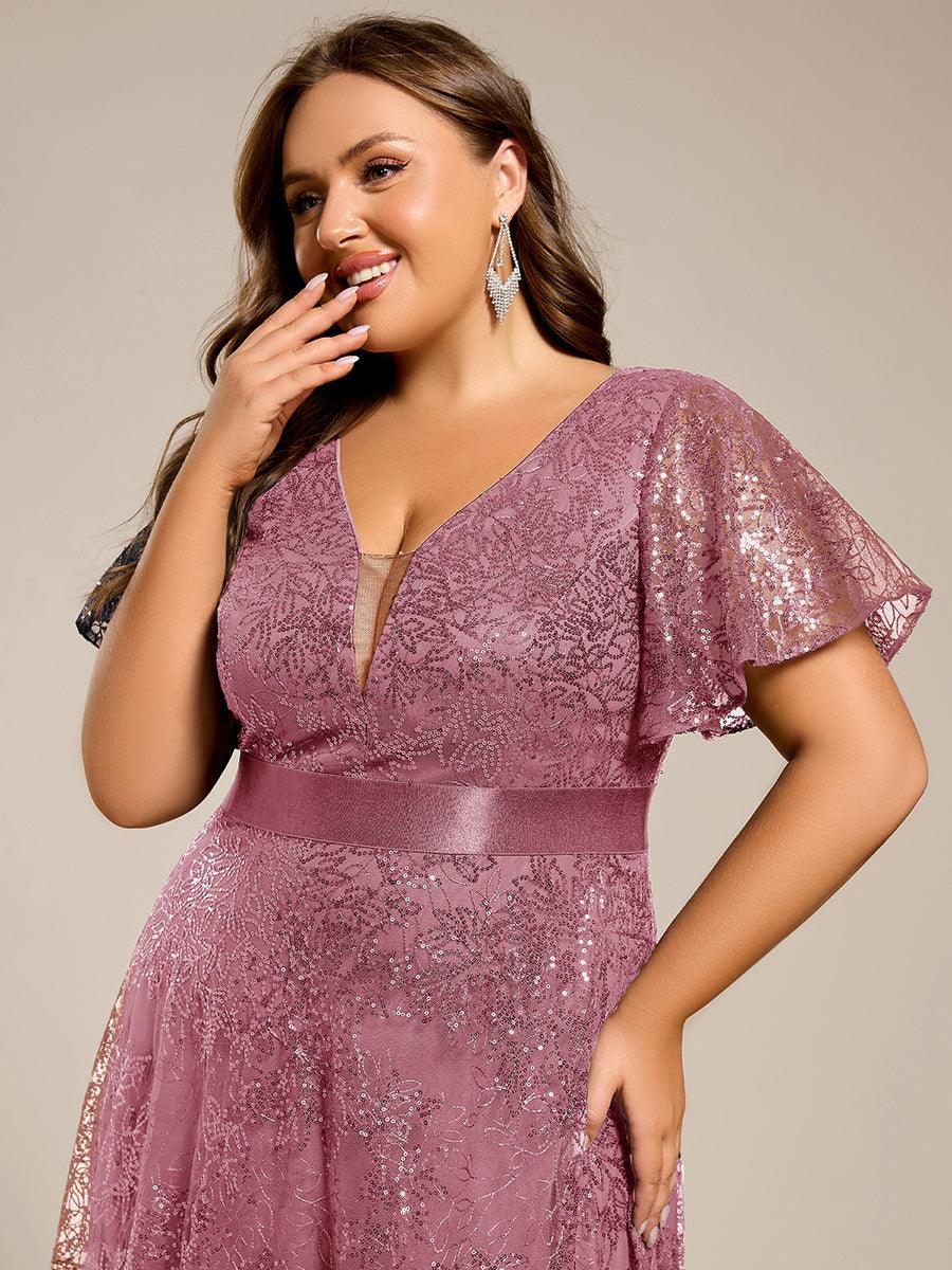 Dream Plus Size A-Line Sequin V-Neck Maxi Formal Dress with Sash
