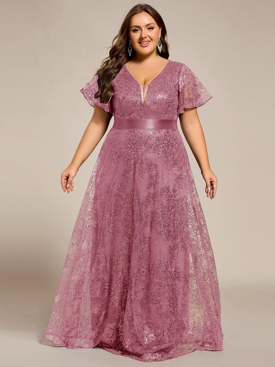 Dream Plus Size A-Line Sequin V-Neck Maxi Formal Dress with Sash