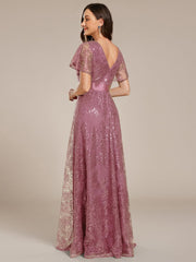 Lovely A-Line V-Neck Sequin Formal Maxi Dress with Short Sleeves