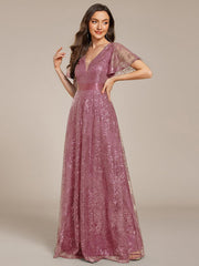 Lovely A-Line V-Neck Sequin Formal Maxi Dress with Short Sleeves