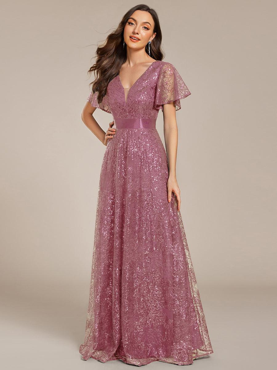 Lovely A-Line V-Neck Sequin Formal Maxi Dress with Short Sleeves