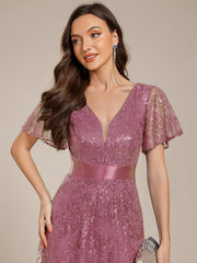 Lovely A-Line V-Neck Sequin Formal Maxi Dress with Short Sleeves