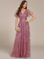 Lovely A-Line V-Neck Sequin Formal Maxi Dress with Short Sleeves