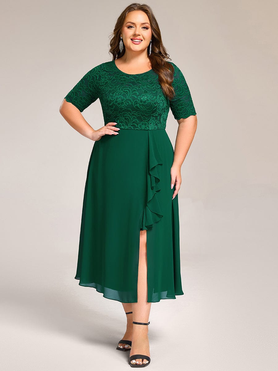Fashionable Plus Size Short Sleeves A-Line Chiffon Lace Formal Dress with Slit