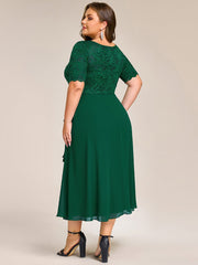 Fashionable Plus Size Short Sleeves A-Line Chiffon Lace Formal Dress with Slit