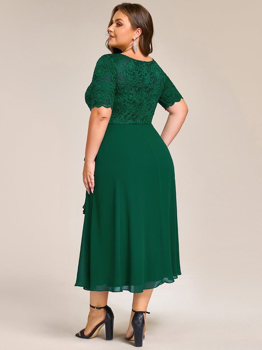 Fashionable Plus Size Short Sleeves A-Line Chiffon Lace Formal Dress with Slit