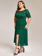 Fashionable Plus Size Short Sleeves A-Line Chiffon Lace Formal Dress with Slit