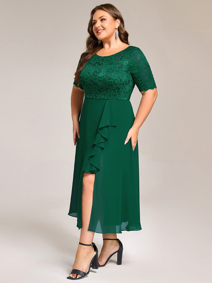 Fashionable Plus Size Short Sleeves A-Line Chiffon Lace Formal Dress with Slit