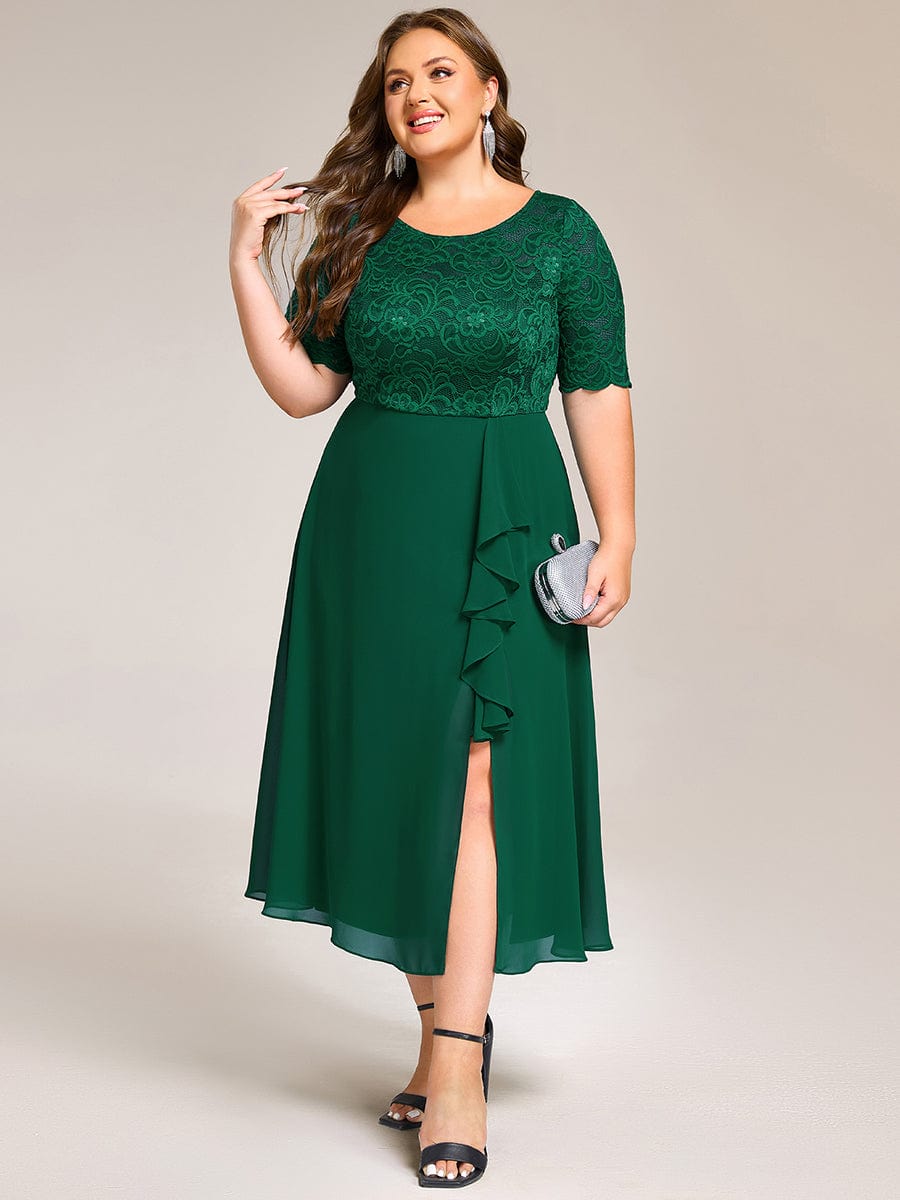 Fashionable Plus Size Short Sleeves A-Line Chiffon Lace Formal Dress with Slit