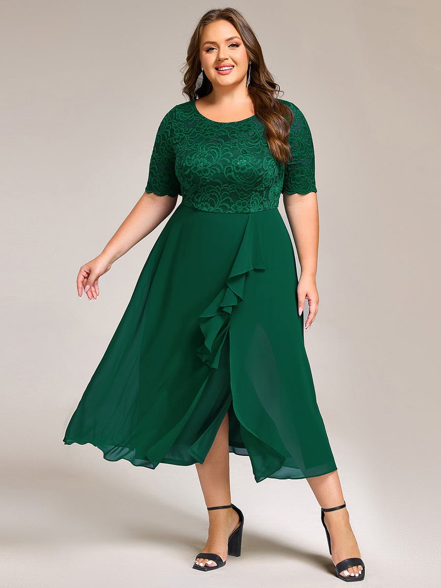 Fashionable Plus Size Short Sleeves A-Line Chiffon Lace Formal Dress with Slit