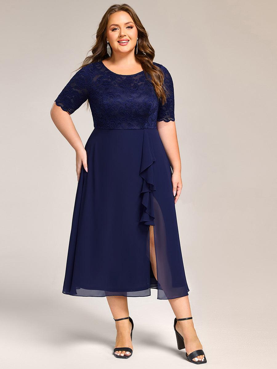 Fashionable Plus Size Short Sleeves A-Line Chiffon Lace Formal Dress with Slit