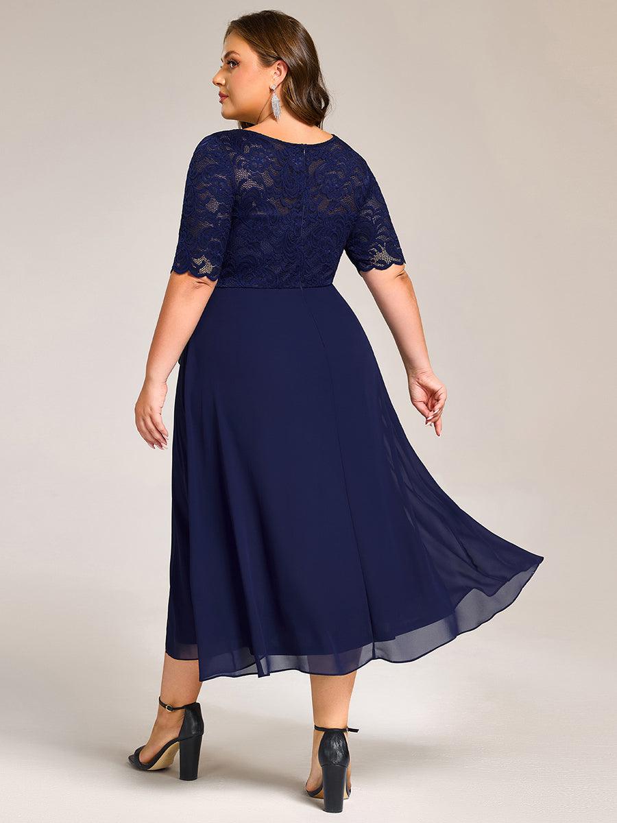 Fashionable Plus Size Short Sleeves A-Line Chiffon Lace Formal Dress with Slit