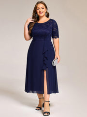 Fashionable Plus Size Short Sleeves A-Line Chiffon Lace Formal Dress with Slit