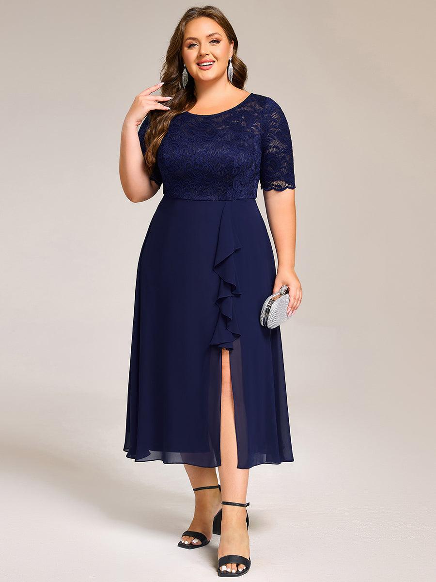 Fashionable Plus Size Short Sleeves A-Line Chiffon Lace Formal Dress with Slit