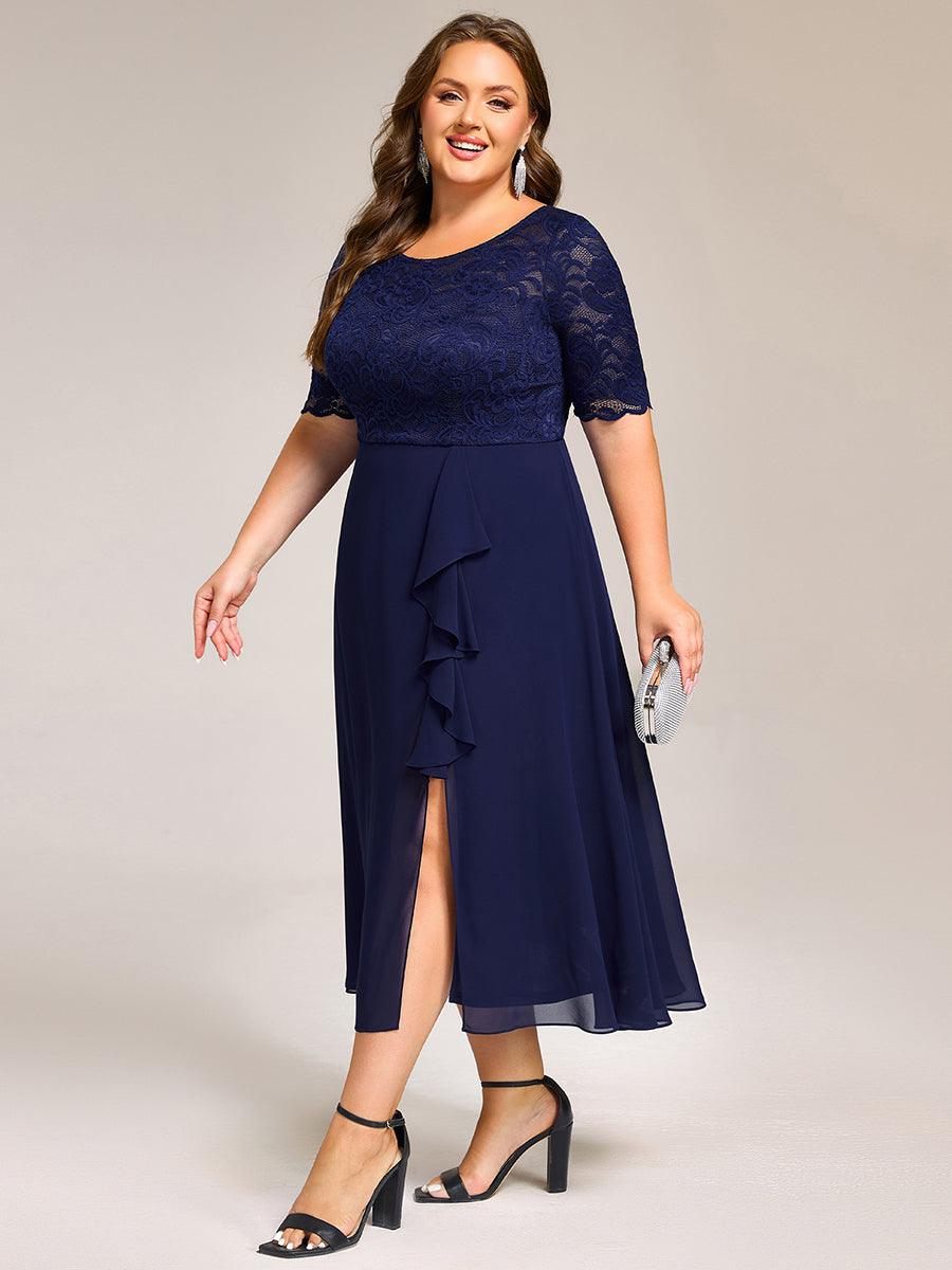 Fashionable Plus Size Short Sleeves A-Line Chiffon Lace Formal Dress with Slit