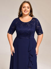 Fashionable Plus Size Short Sleeves A-Line Chiffon Lace Formal Dress with Slit