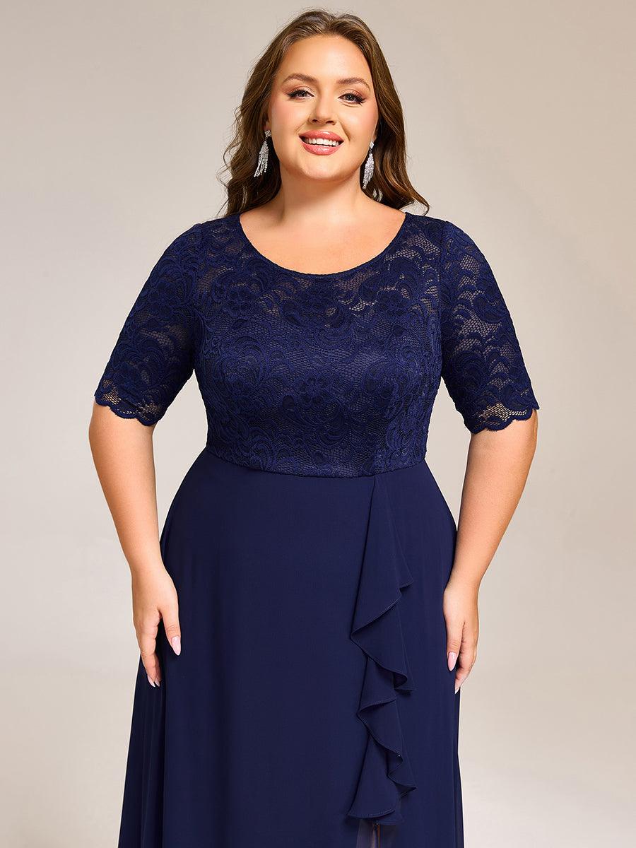 Fashionable Plus Size Short Sleeves A-Line Chiffon Lace Formal Dress with Slit