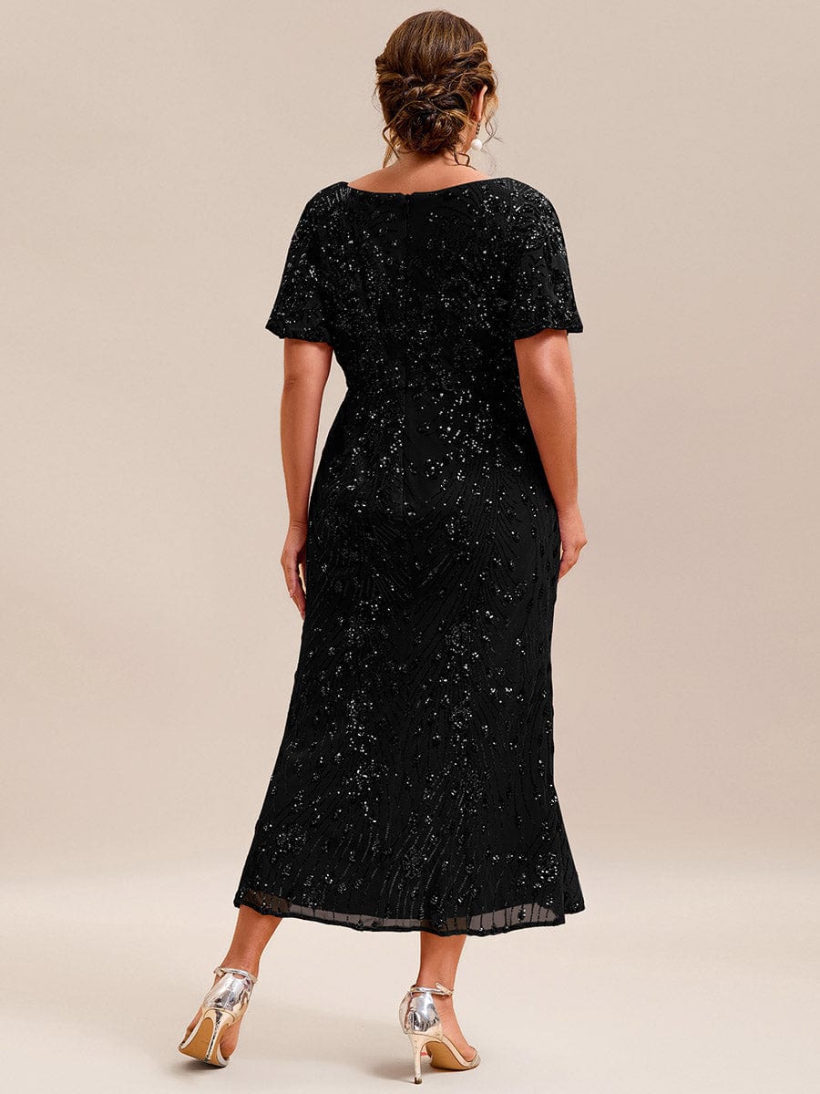 Wonderful Plus Size Sequin V-Neck Mermaid Formal Dress Tea-Length