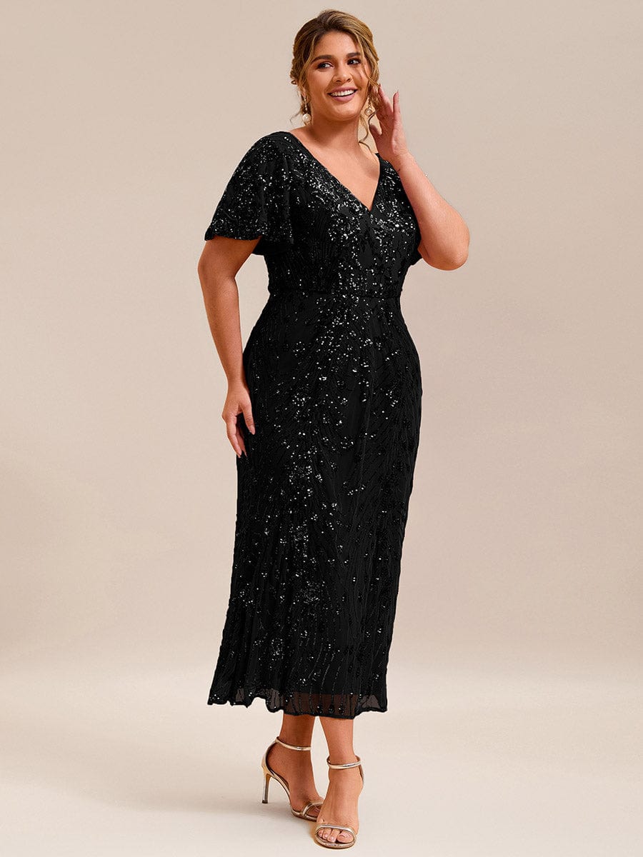 Wonderful Plus Size Sequin V-Neck Mermaid Formal Dress Tea-Length
