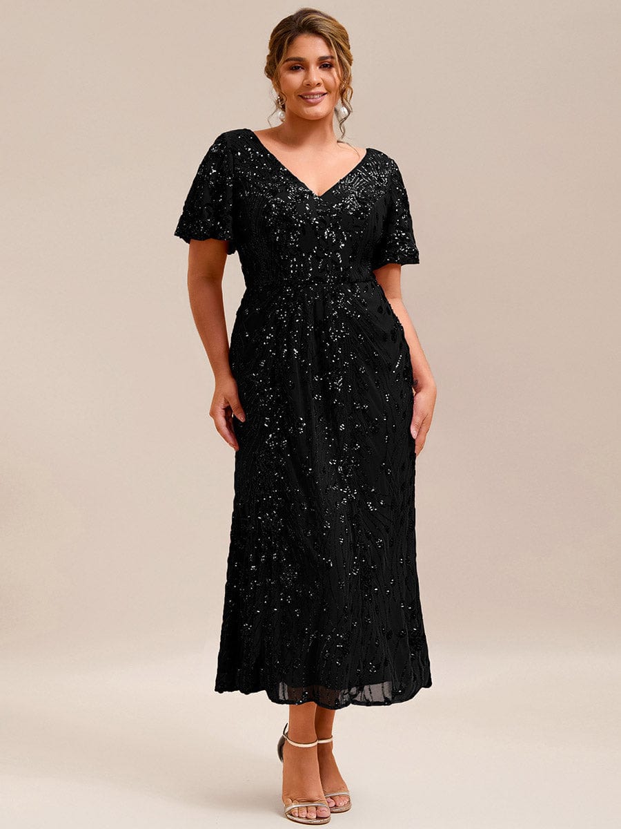 Wonderful Plus Size Sequin V-Neck Mermaid Formal Dress Tea-Length