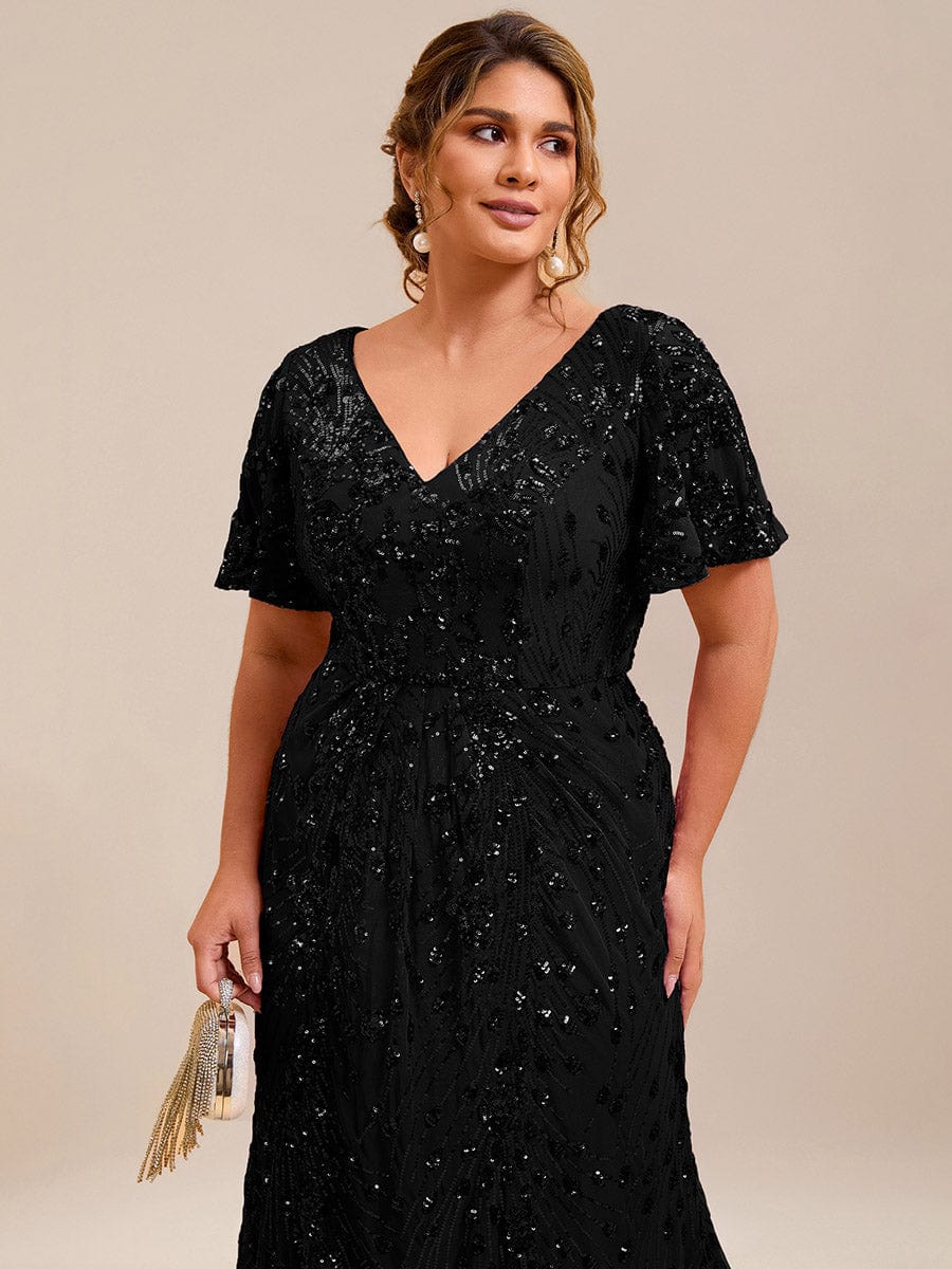 Wonderful Plus Size Sequin V-Neck Mermaid Formal Dress Tea-Length