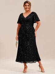 Wonderful Plus Size Sequin V-Neck Mermaid Formal Dress Tea-Length