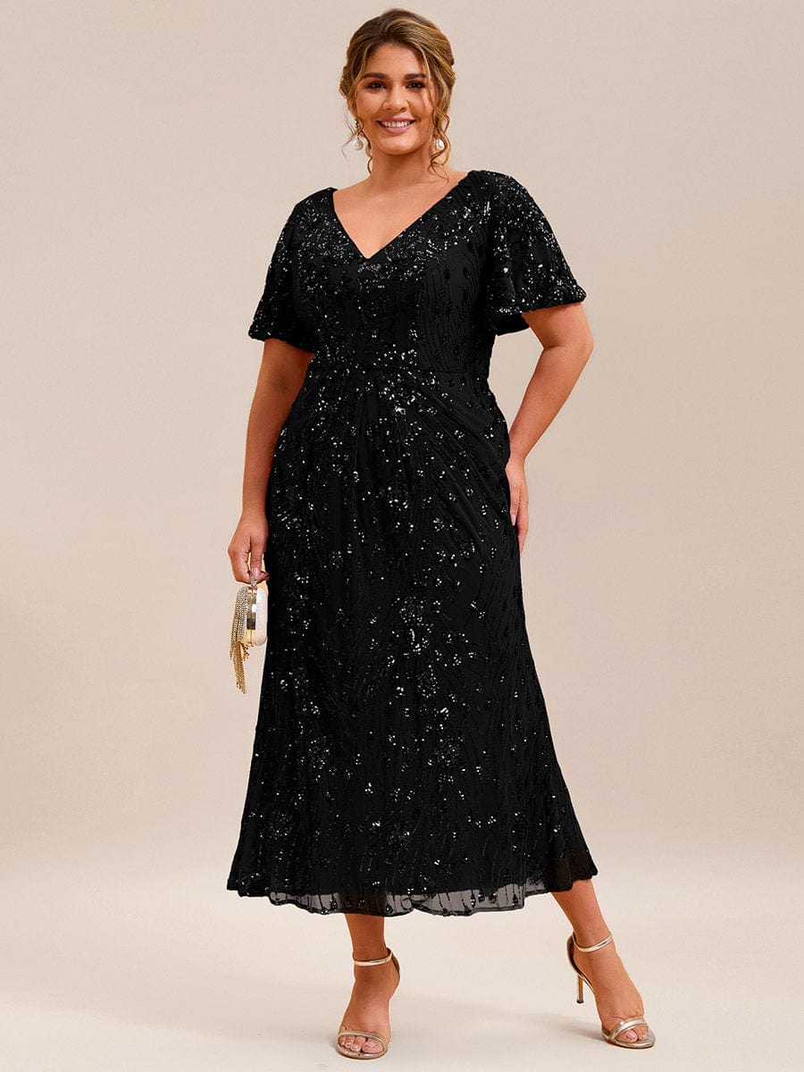 Wonderful Plus Size Sequin V-Neck Mermaid Formal Dress Tea-Length